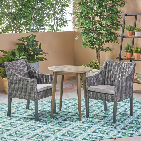 Jean Outdoor 3 Piece Wood and Wicker Bistro Set - Gray + Gray