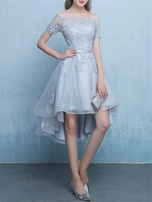 Blue Lace Elegant Floral Off Shoulder High-Low Cocktail Dress Gray - L