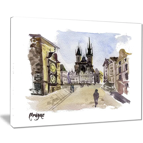 Design Art Prague Hand'drawn Illustration' Cityscape Painting Canvas Print - Green - 40 in. Wide x 20 in. High