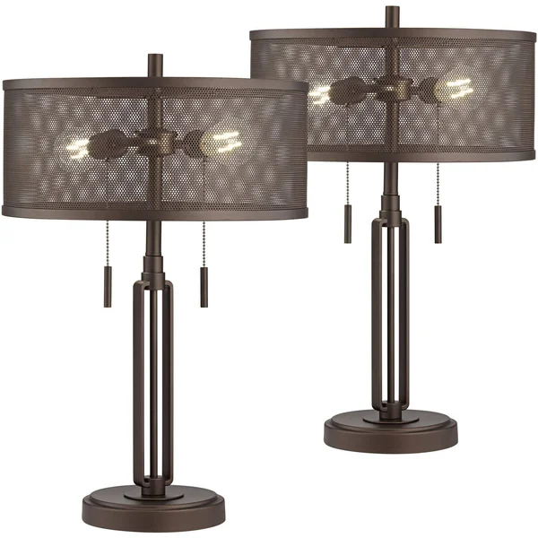 Dayn Industrial Rustic Farmhouse Accent Table Lamps Set of 2 with Antique LED Edison Bulb Brown Metal Mesh Shade for Living Room