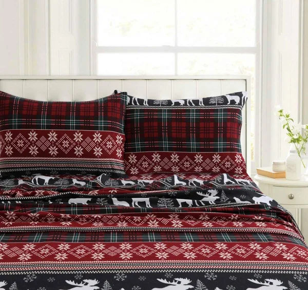 Checkered Buck Heavyweight 200-gsm Cotton Flannel Printed Extra Deep Pocket Sheet Set, Size: Full