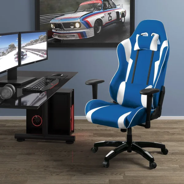 Porch & den Banton Bonded Leather - Fabric, and Mesh High-Back Ergonomic Gaming Chair - White/Blue