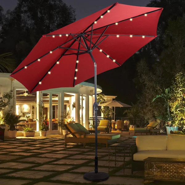 Costway 10ft Patio Solar Umbrella LED Patio Market Steel Tilt w/ Crank (Burgundy)