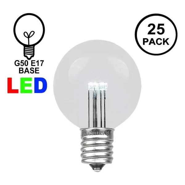 Novelty Lights 25 Pack LED G50 Outdoor Patio Globe Replacement Bulbs, Pure White, E17/c9 Base, 1 Watt