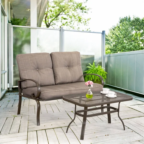 Cloud Mountain 2 Piece Outdoor Loveseat Furniture Bistro Set Garden Patio Metal Coffee Table Bench Sofa with Cushions, Gradient