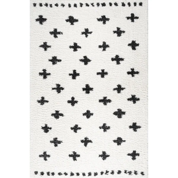 Jonathan Y Cristo White/Black 2 ft. x 10 ft. Berber Geometric Shag Runner Rug