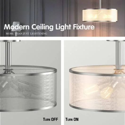6-Light Semi Flush Mount Ceiling Light Pendant Lamp with Fabric Drum-Shaped Shade