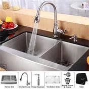 Kraus KHF203-36-KPF2150-SD20 Farmhouse Double Bowl Stainless Steel Sink with Faucet and Soap Dispenser