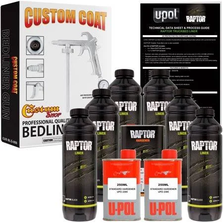 Custom Shop U-POL Raptor Bright Silver Urethane Spray-On Truck Bed Liner Kit w/ Free Custom Coat Spray Gun with Regulator - 6 Lit