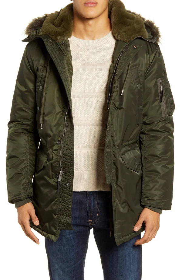 Men's Schott NYC Satin Flight Parka with Removable Faux Fur Lining