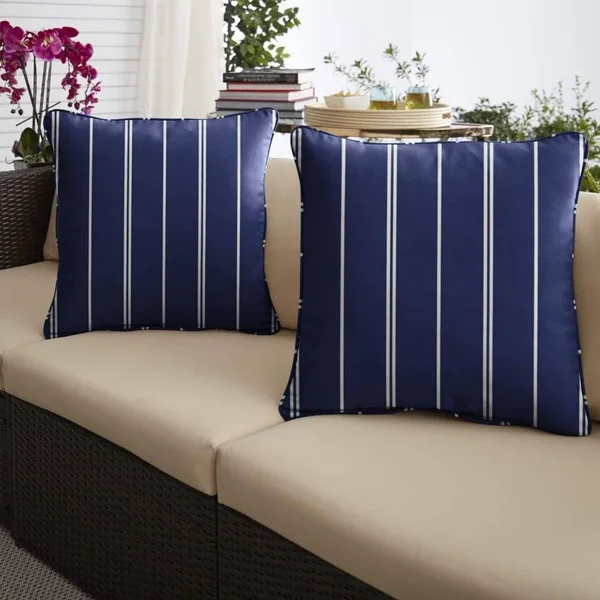Navy/White Stripes Set of 2 Outdoor Pillows Blue - Polyester