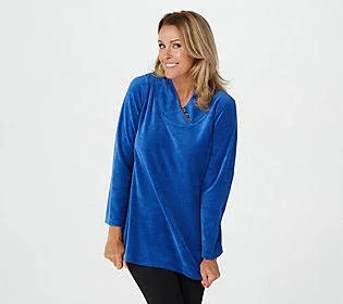 Denim & Co. Active Petite Velour Tunic w/ Crossover Neck - Size Petite X-Small, Lapis Blue