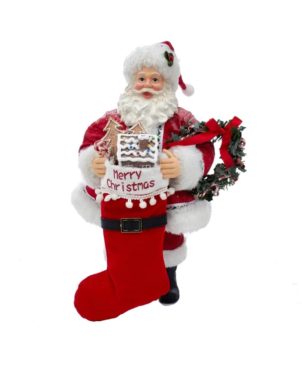 Kurt Adler 10.5x22 Fabriche Gingerbread Santa with Stocking and Wreath