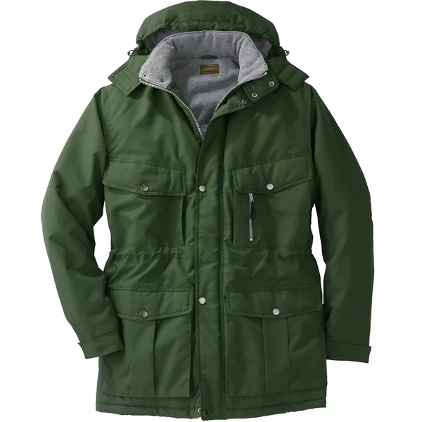 Men's Boulder Creek Fleece-Lined Parka Jacket with Detachable Hood and 6 Pockets (Olive) - L