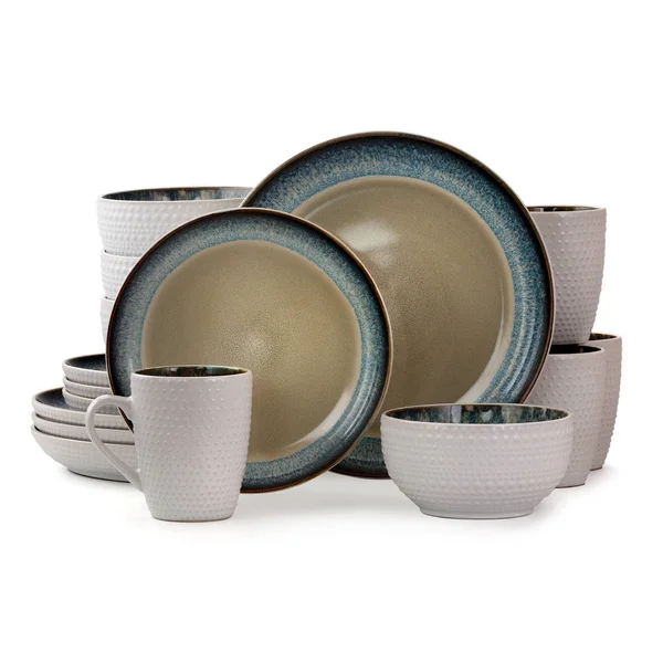 Elama 16-Piece Stoneware Dinnerware Set - Modern Dot