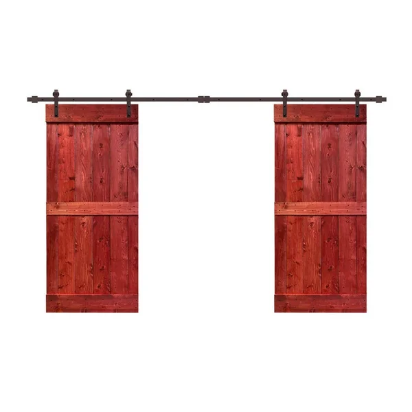 CALHOME 84 in. x 84 in. Mid-Bar Series Cherry Red Stained Solid Pine Wood Interior Double Sliding Barn Door with Hardware Kit