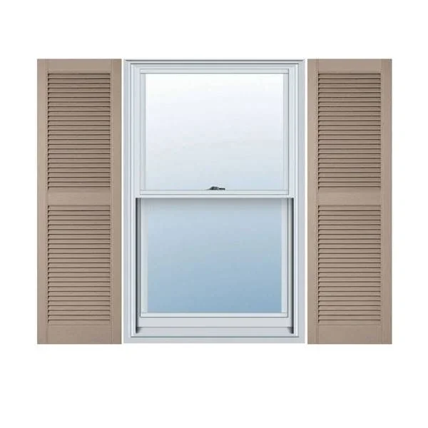 18 inchw x 58 inchh Lifetime Vinyl - Custom Straight Top Center Mullion, Open Louver Shutters, Wicker