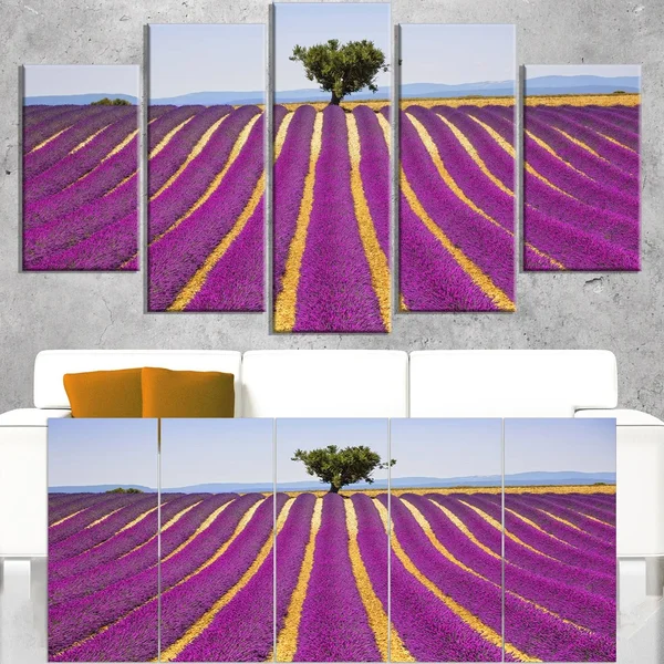 Design Art 'Lavender and Lonely Tree Uphill' 4 Piece Photographic Print on Wrapped Canvas Set - Purple