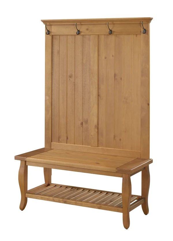 Benzara Bm144098 Spacious Wooden Hall Tree with Built in Bench and Curved Legs Brown