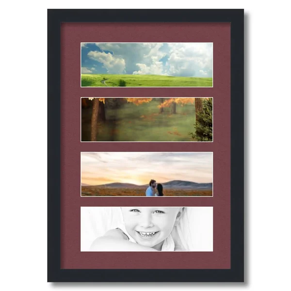 Collage Picture Frame, Satin Black Frame with 4 openings for 4x12 Photos with Red Maple Leaf Mat. D3926CV268, ArtToFrames