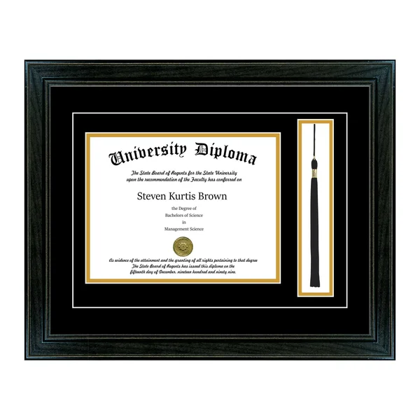 Perfect Cases and Frames Single Diploma Frame with Tassel and Double Matting for 9x22 x 7x22 Tall Diploma with Black 1.5x22 Fram
