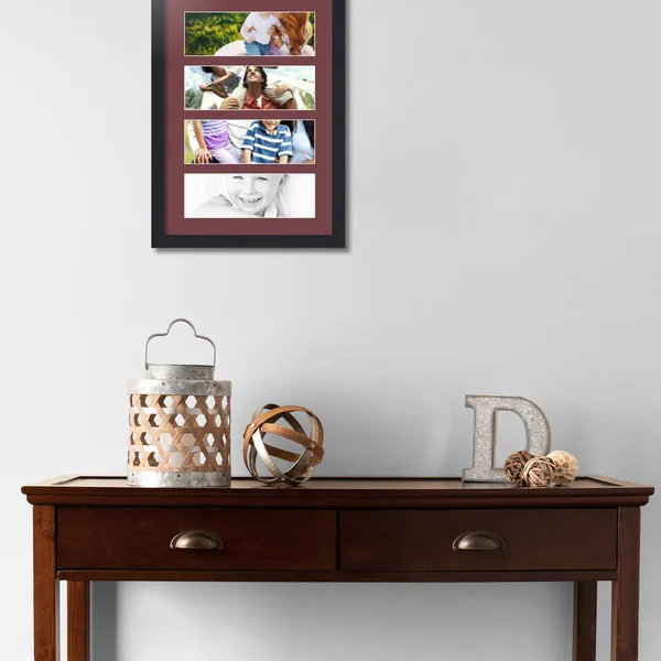 Collage Picture Frame, Satin Black Frame with 4 openings for 4x12 Photos with Red Maple Leaf Mat. D3926CV268, ArtToFrames