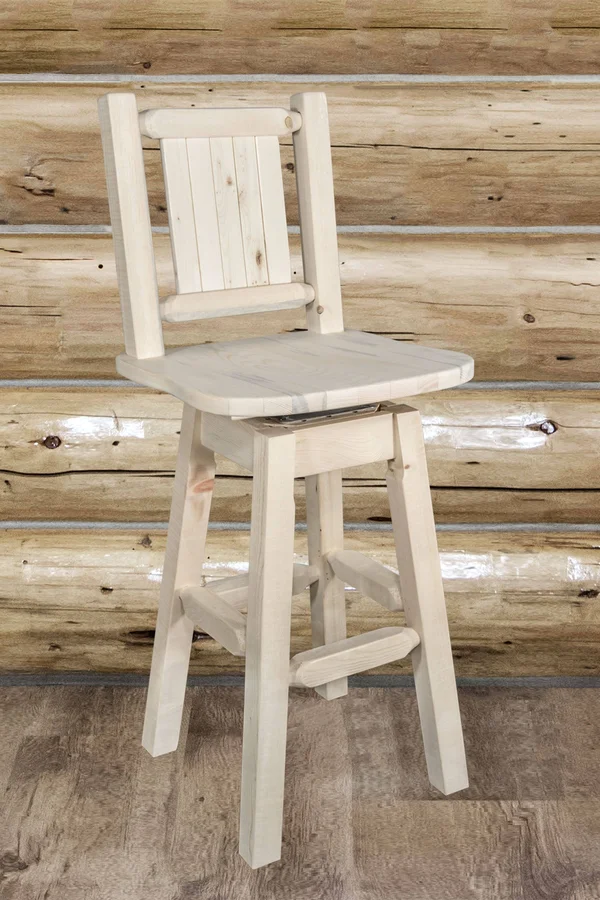 Montana Woodworks MWHCBSWSNRVLZPINE Homestead Barstool with Back & Swivel with Laser Engraved Pine Tree Design Clear Lacquer
