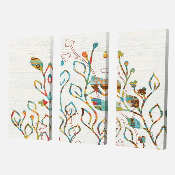 Designart &Rainbow Coloured Vines and Flowers& Cabin & Lodge Canvas Wall Art - 48 in. Wide x 32 in. High - 3 Panels