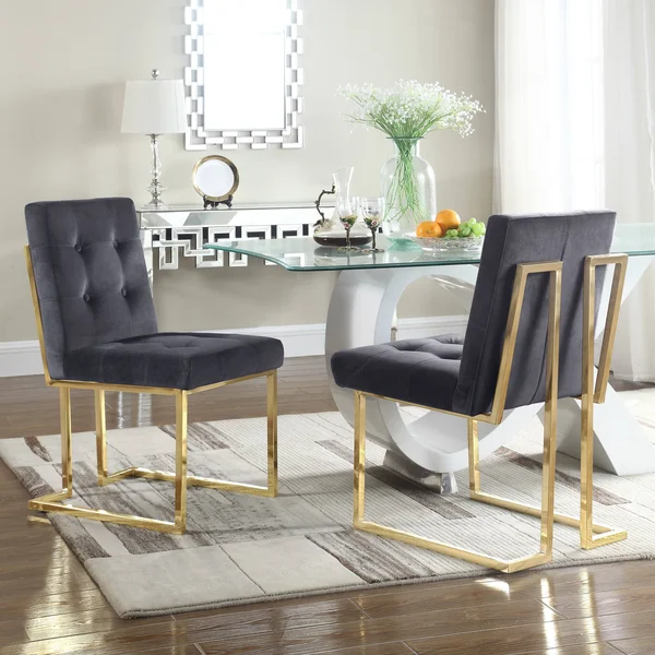 Chic Home Liam Grey Tufted Velvet Polished Brass Metal Dining Side Chair