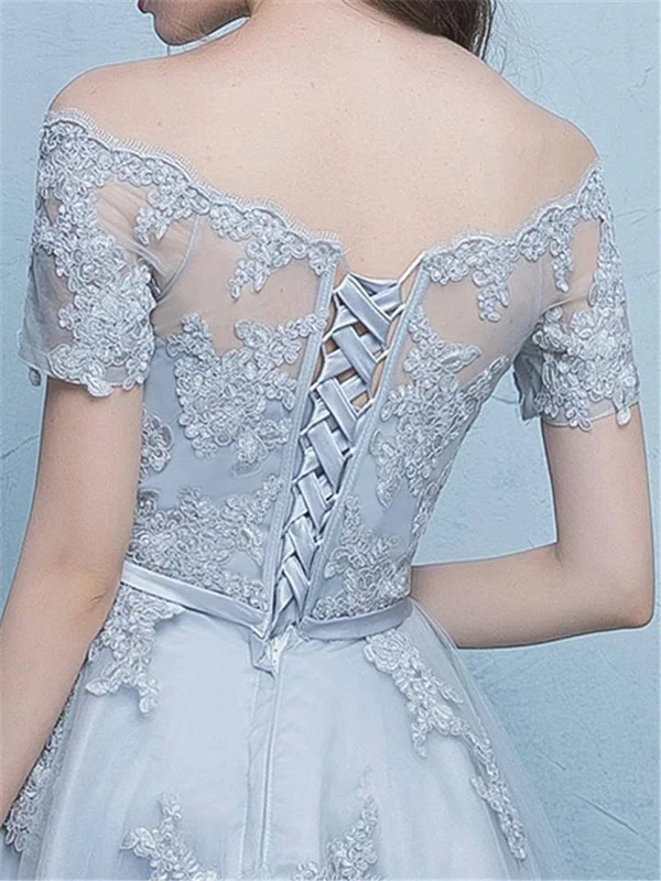 Blue Lace Elegant Floral Off Shoulder High-Low Cocktail Dress Gray - L