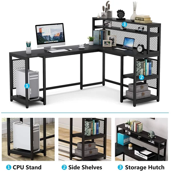 Tribesigns 67 inch Large L-Shaped Computer Desk with Hutch and Bookshelf, Home Office Desk with Storage Shelves and CPU Stand, B