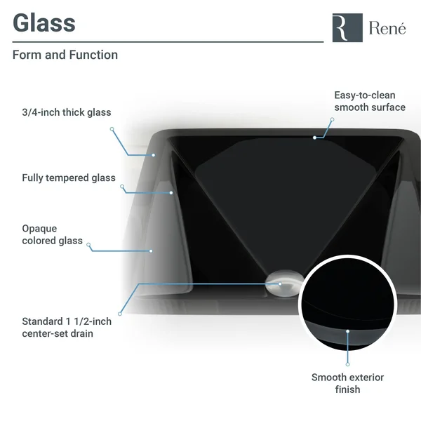 Rene R5-5003-NOR-R9-7003 16-1/2x22 Glass Vessel Bathroom Sink with Vessel Faucet Noir Dark, Chrome