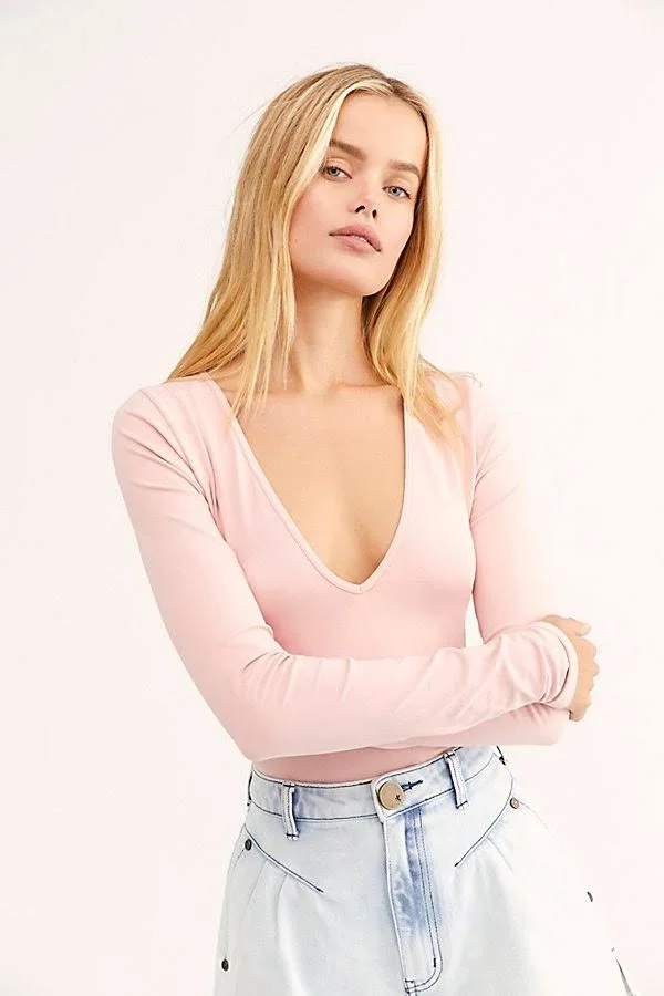 Seamless Solid Deep V by Intimately at Free People in Pink, Size: XS/S