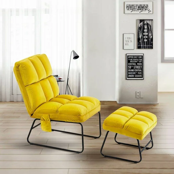 Mcombo Accent Chair with Ottoman, Velvet Modern Side Pocket Metal Legs, Club Chair Lounge Sofa Couch 0014 - Blue
