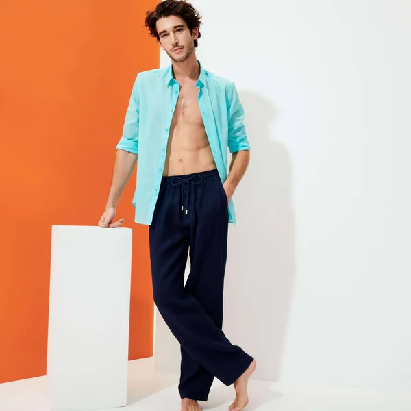 Vilebrequin Men Linen Pants Solid, Style: Pacha - Navy 6XL