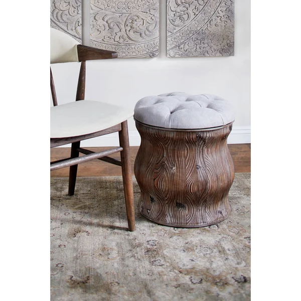 Rustic Wood & Brown Faux Leather Round Ottoman with Storage