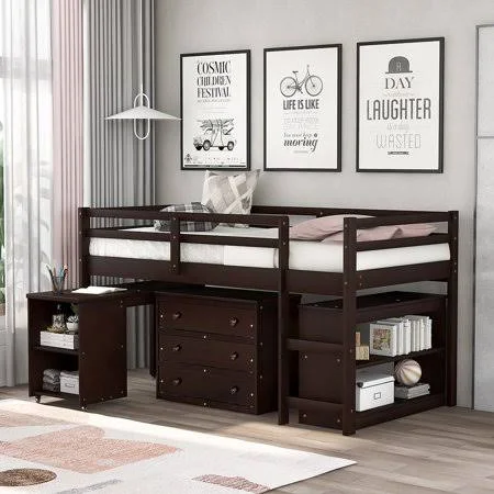 Kepooman Twin Size Modern Wooden Low Study Loft Bed with Cabinet & Rolling Desk - 78.3 inch x 42.5 inch x 44.5 inch, Espresso