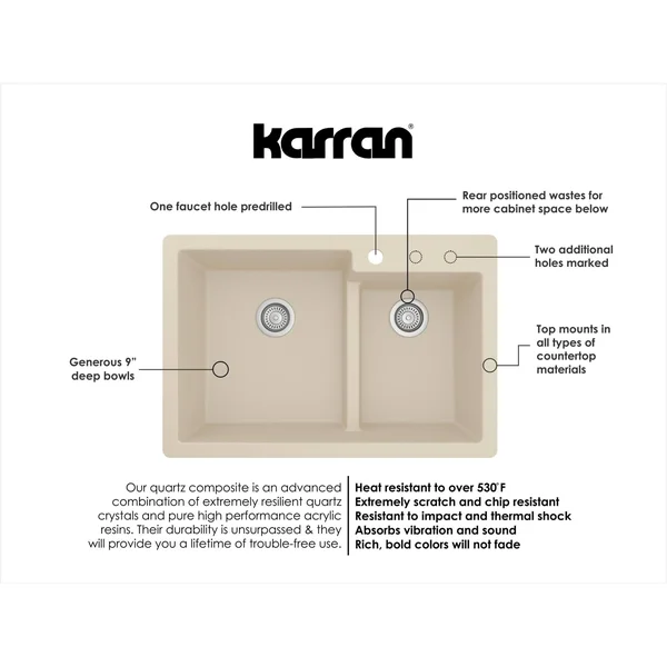 Karran 33x22 Drop In/Topmount Quartz Composite Kitchen Sink - 60/40 Double Bowl, White, QT-811-WH