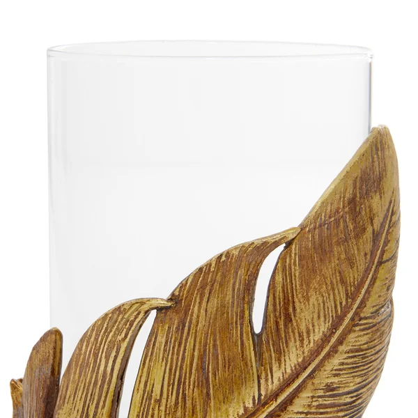 Large Metallic Gold Feather Candle Holder with Hurricane Glass