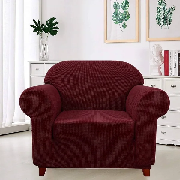 Enova Home Elegant Jacquard Polyester Spandex Stretch Washable Box Cushion Armchair Slipcover for Living Room - N/A - Wine
