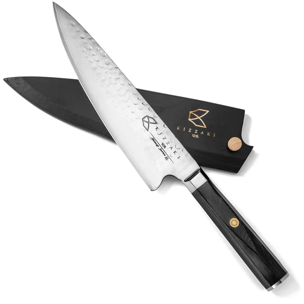 Kizzaki Premium 8 inch AUS-10 Japanese Super Steel Chef Knife - Ultra Sharp Blade - Hammered - Damascus Pattern - Acacia Wooden