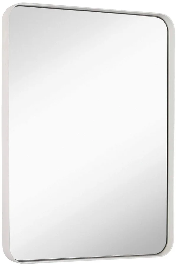 Hamilton Hills Contemporary White Metal Wall Mirror, Glass Panel White Framed Rounded Corner Deep Set Design, Mirrored Rectang