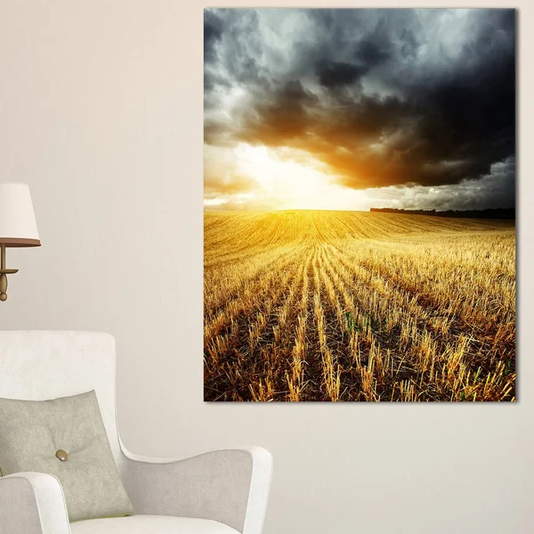 Design Art Storm Dark Clouds Over Wheat Stems Photographic Print on Wrapped Canvas - Yellow