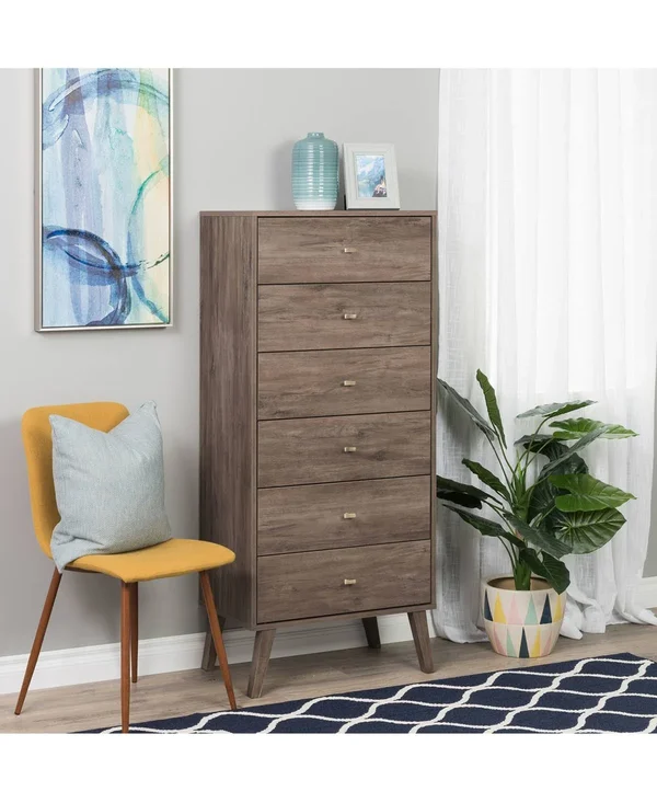 Prepac Milo Mid Century 6-Drawer White Modern Tall Chest