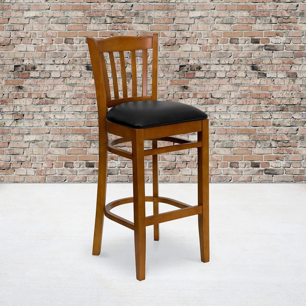 Hercules Series Vertical Slat Back Cherry Wood Restaurant Barstool - Black Vinyl Seat
