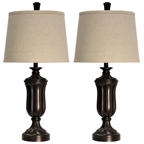 Bronze Wood Table Lamp with Beige Hardback Shade Set of 2