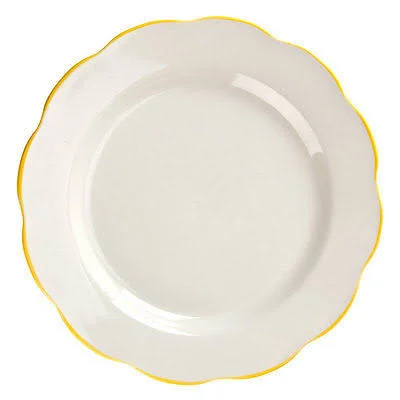 CAC SC-16G Seville 10 3/4u0026quot; Ivory (American White) Scalloped Edge China Plate with Gold Band - 12/Case