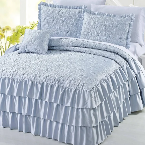 Serenta 4 Piece Matte Satin Ruffle Quilted Bedspread Set - Pink, Queen