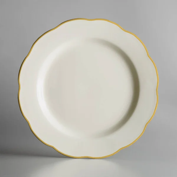 CAC SC-16G Seville 10 3/4u0026quot; Ivory (American White) Scalloped Edge China Plate with Gold Band - 12/Case