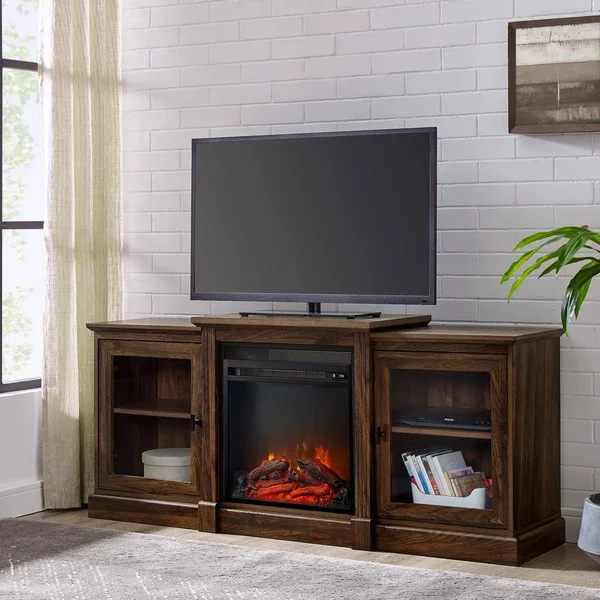 Welwick Designs 60 in. Dark Walnut Composite TV Stand Fits TVs Up to 66 in. with Electric Fireplace